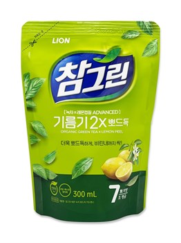 Lion Средство для мытья посуды, овощей и фруктов Зеленый чай Chamgreen Green Tea Refill 300 мл 05325 - фото 9546